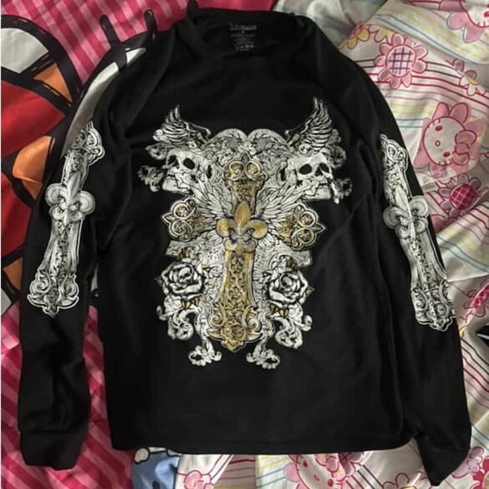 Black Long Sleeve Shirt with Skull and Cross Design